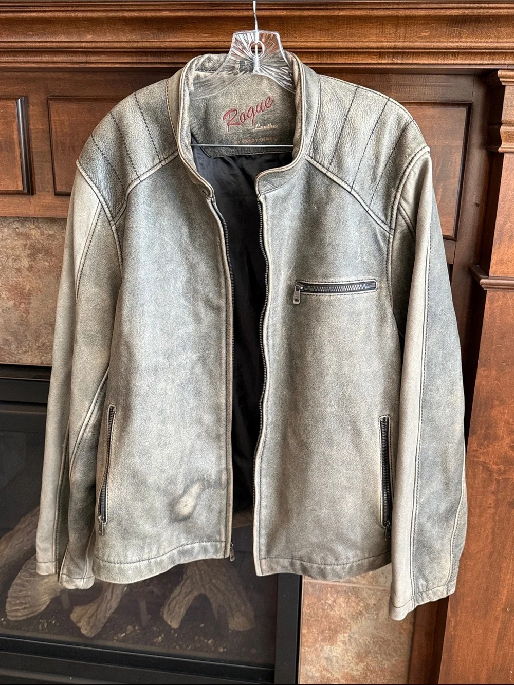 Distressed worn antique washed gray Rogue Leather biker moto motorcycle Jacket X